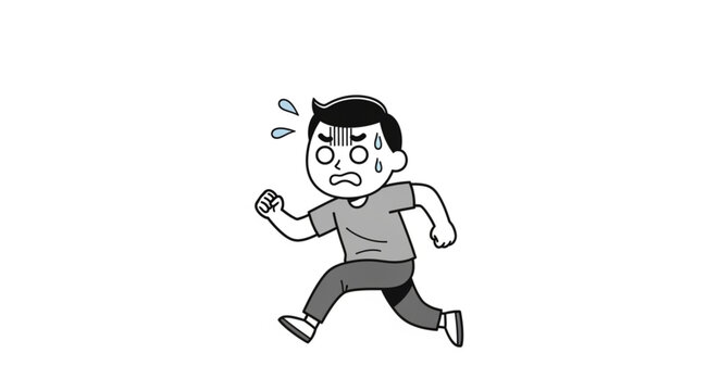 Cartoon man running scared with sweat drops flying off his head.
