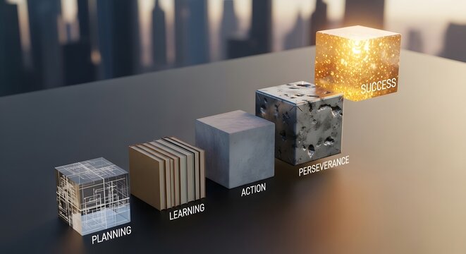 Evolutionary Stages of Success represented by Textured Material Cubes