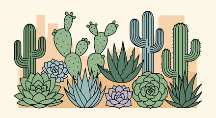 A colorful illustration of various cacti and succulents © Juli