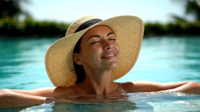 Woman enjoys sunny day while relaxing in the clear, tranquil pool water