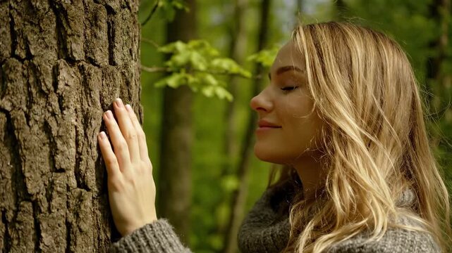 Woman enjoys nature, touching tree, eyes closed, surrounded by greenery