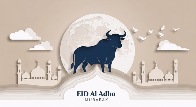 Creative Paper Cut Style Eid Al Adha Greeting with Bull Silhouette