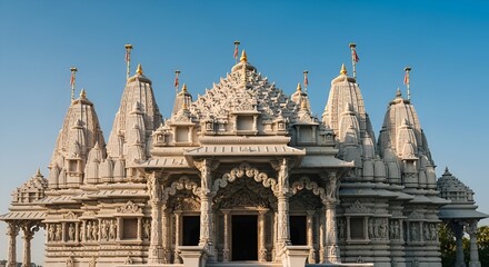 Obraz premium Intricate White Marble Hindu Temple Architecture with Towers and Blue Sky