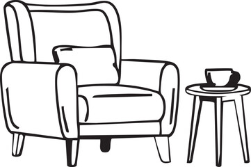 Fototapeta premium Cozy armchair and side table sketch a relaxing interior scene in black and white
