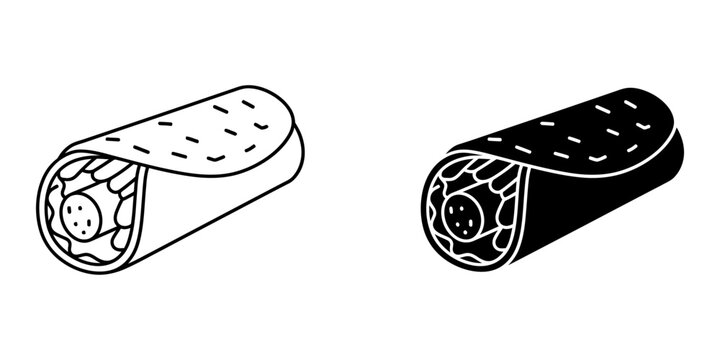 Shawarma wrap and kebab roll vector icon set featuring line art and silhouette versions for middle eastern fast food menu restaurant signage food delivery app interface and culinary blog graphics.