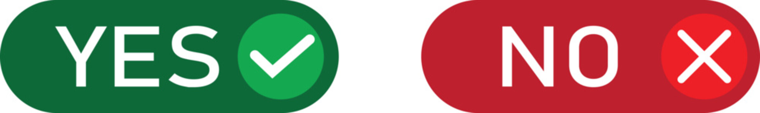 Yes and No buttons set with checkmark and cross icons, green approval and red rejection UI elements, modern toggle confirmation design, decision symbols isolated on white background