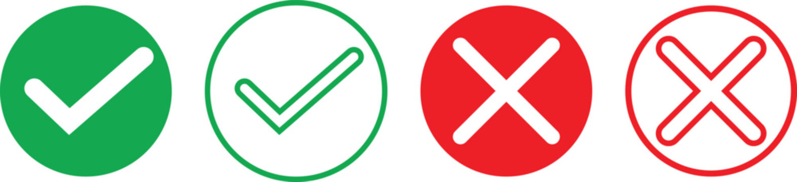 Green check mark and red cross icons set for approval and rejection symbols in user interface design. Modern flat vector collection with circle variations for yes no validation feedback and decision 