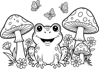 Obraz premium Charming black and white illustration of a frog among mushrooms and butterflies