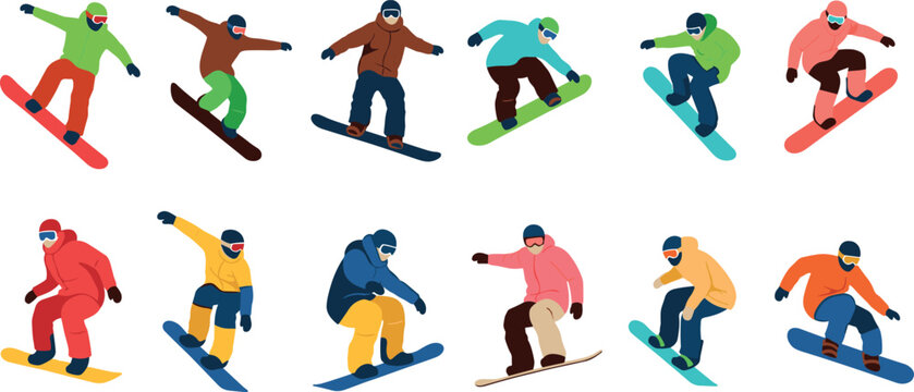 Snowboarding people collection with winter sport athletes performing tricks and jumps for extreme sports, outdoor activity, and recreation design