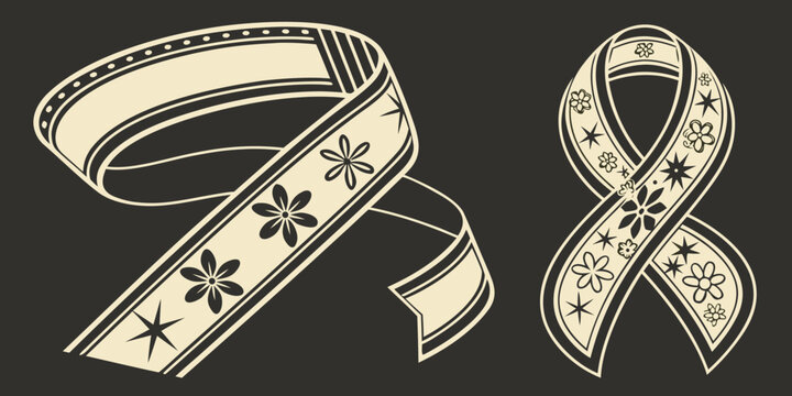 a pair of cream colored ribbons with snowflakes on a black background Vector