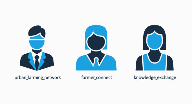Vector character icons for social and environmental initiatives including urban farming network farmer context roles and knowledge exchange collaboration with community knowledge exchange education