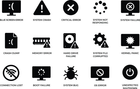Minimal System Error Icons Set - Solid Silhouette Computer Crash and Failure Vector 15 Icons Grid