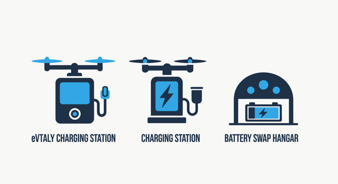 Set of electric aviation infrastructure icons including e vtol charging station standard charging unit and battery swap hangar for future transport with aircraft electric charging transport