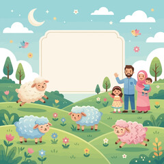 Fototapeta premium Happy Islamic Eid al-Adha celebration with sheep and family
