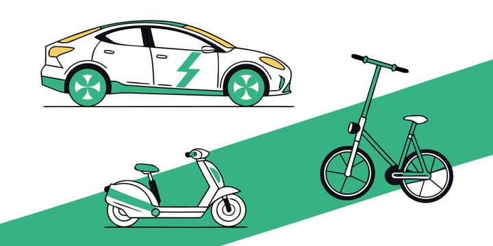 electric car, e-bike and electric scooter for sustainable transportation Vector