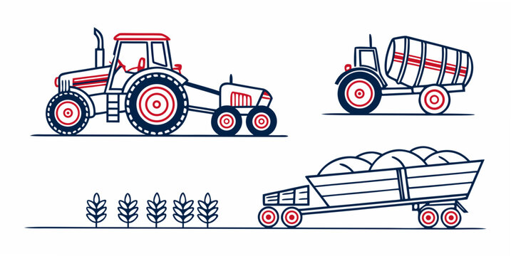 a red and white tractor with a trailer and hay Vector
