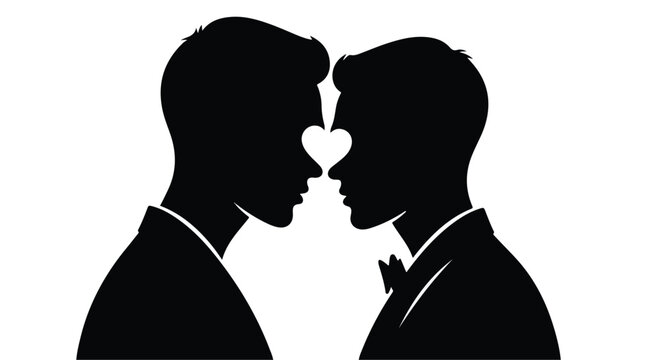 Silhouettes of two men in love, noses touching with a heart between them