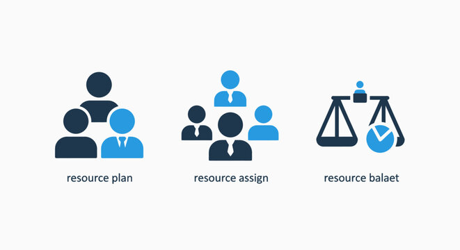 Business resource planning and team assignment icons set with resource planning assignment management business strategy organization workload personnel allocation resources corporate