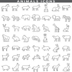 Obraz premium Animal silhouettes, wildlife animals line art icon set, A comprehensive collection of black and white line art icons featuring various pet animals