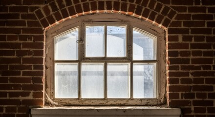 Fototapeta premium Old brick building with arched window, weathered paint, and dusty glass, natural light