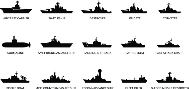 Minimal Naval Warship Icons Set - Solid Silhouette Military Ships Vector 15 Icons Grid