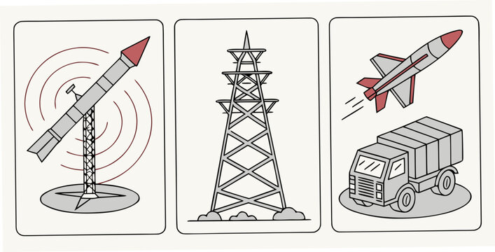 a set of illustrations featuring a rocket, tower, and launchpad Vector
