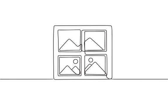 Simple line illustration of a picture frame divided into four squares, representing image galleries, photography, or media storage.