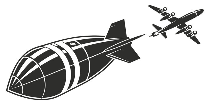 a black and white drawing of a bomber plane chasing a zeppelin Vector