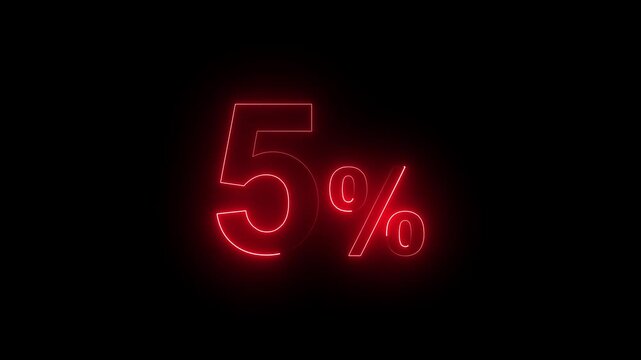 A video showcasing a bright red neon 5 percent sign on a dark background