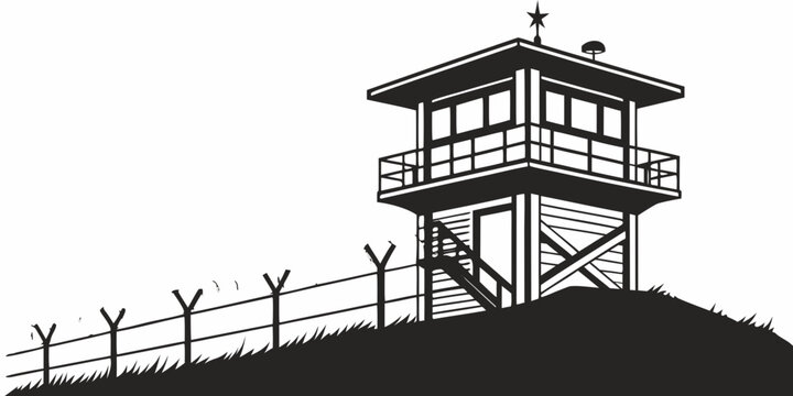 a guard tower with a fence on a hill Vector