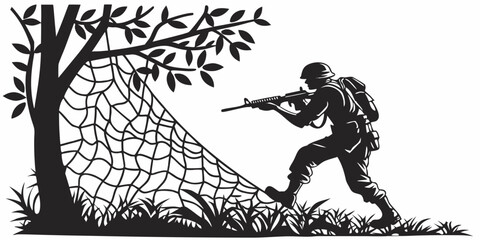 a soldier deploying camouflage netting in a wooded area Vector ©  MST RABEYA  BEGUM