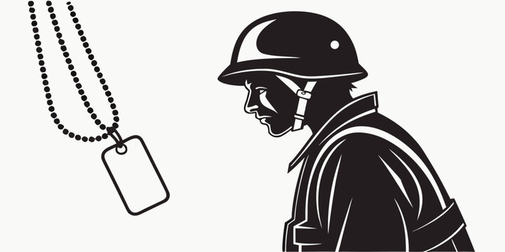 a soldier looking at a dog tag on a chain Vector