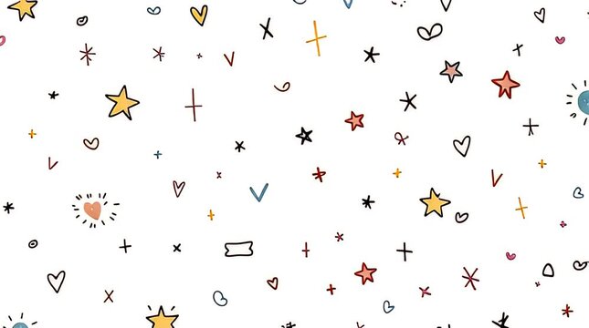 A seamless pattern of small hand-drawn doodle icons like stars, hearts, smileys, and abstract shapes, fun and youthful style
