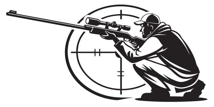 a man in a hoodie crouches and aims a rifle Vector