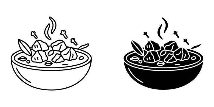 Mutton curry icon set with meat chunks and spices in bowl linear and glyph style illustration for indian restaurant menu design spicy lamb stew with bay leaf and cloves silhouette on white background.