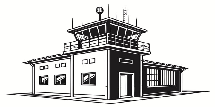 a black and white drawing of a control tower Vector
