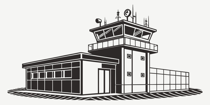 a black and white drawing of a control tower Vector