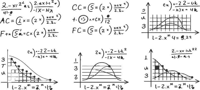 Hand drawn complex mathematical equations formulas and scientific graphs on white background education study vector illustration.