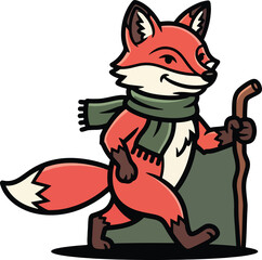 Obraz premium Cartoon fox hiker wearing a scarf and holding a walking stick.