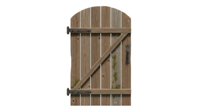 Rustic wooden garden gate made of vertical planks with metal hinges and handle, weathered texture and subtle moss stains suggesting age, character and countryside charm

