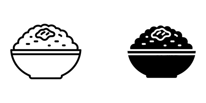 Bowl of mashed potatoes with butter topping presented in outline and solid black icon styles on a white background for design.