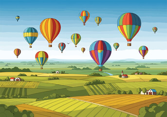 Naklejka premium A serene countryside with colorful hot air balloons