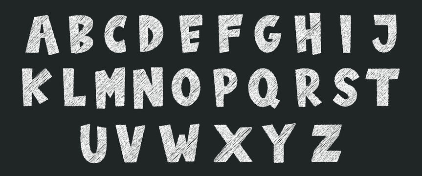 Hand drawn chalk alphabet letters on blackboard texture background, sketch style uppercase typography set, creative doodle font design for education, school, branding and poster use