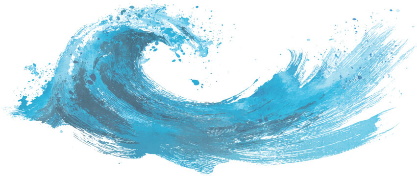 Abstract blue watercolor sea wave brush stroke with surf splashes and artistic ocean water paint vector illustration.