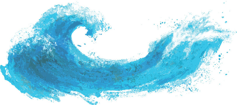 Abstract blue watercolor sea wave brush stroke with surf splashes and artistic ocean water paint vector illustration.