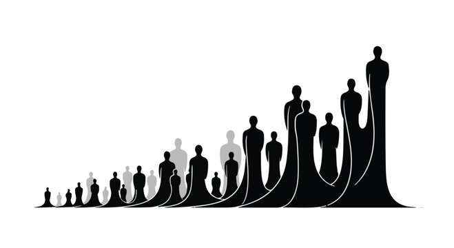 Silhouettes of diverse people in escalating sizes, symbolizing growth and progress.
