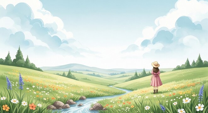 a rolling spring landscape. Soft green hills are covered in patches of wildflowers, with a genTLe stream flowing through the valley. The sky is a pale blue with tranTLucent, watery cloud formations.