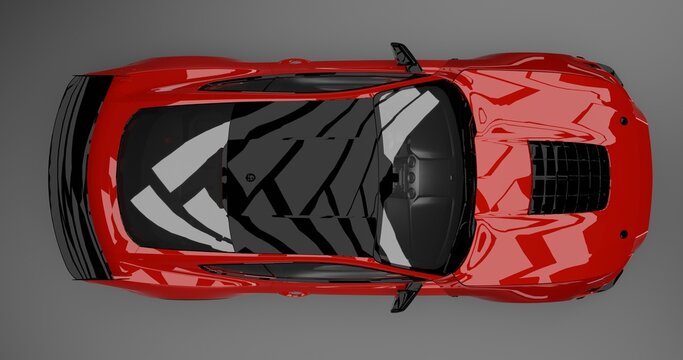 Red Shelby Cobra GT500 sports car top view with racing stripes and sleek design on Tangerang, Indonesia. April 24, 2026