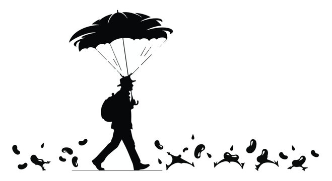 Man with umbrella parachute walks on path with falling leaves