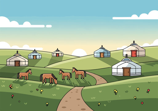 A serene countryside with yurts and grazing horses